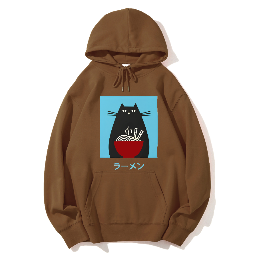 Black cat likes to eat Lamian Noodles Cotton Hoodie
