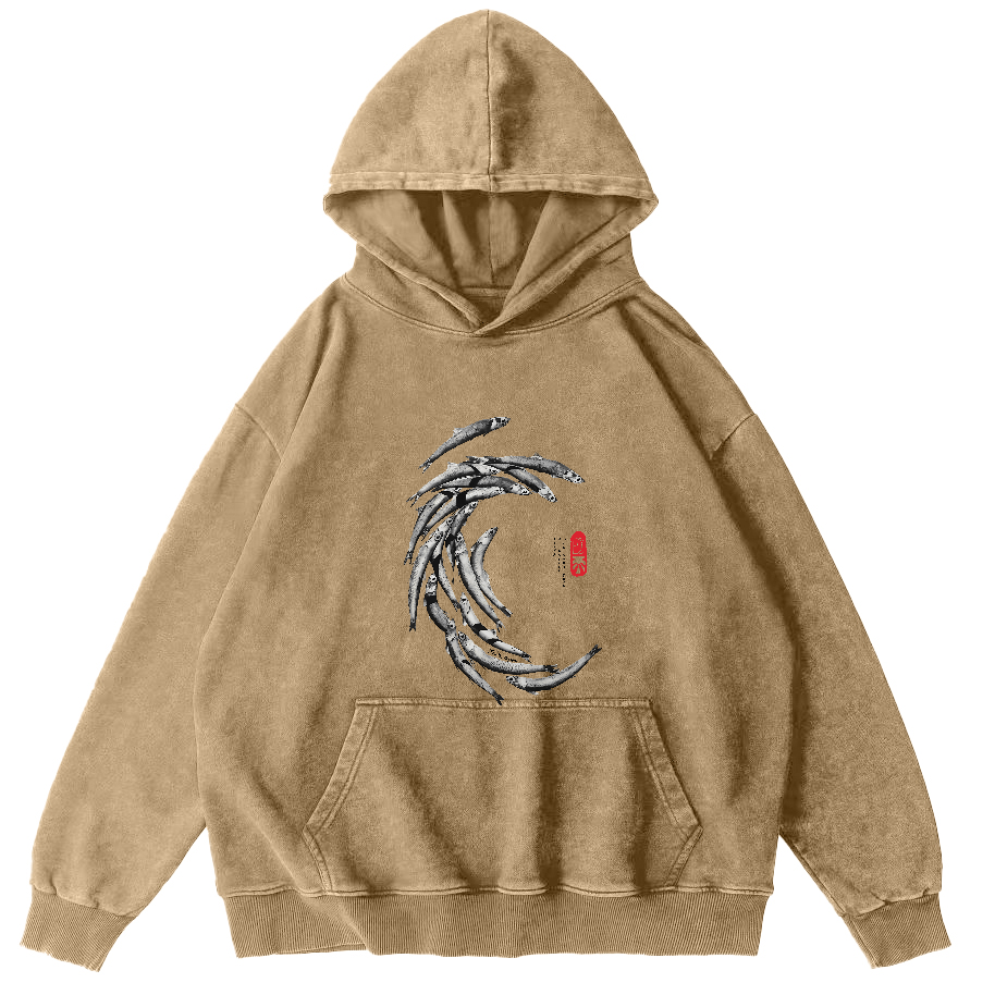Japanese School Of Fish Pattern Vintage Distressed Hoodie-Zazasy