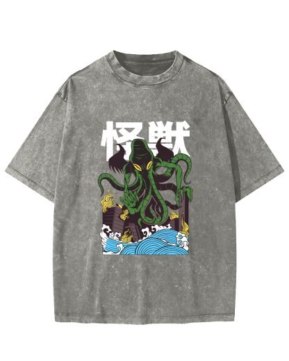 Japanese Octopus Pattern Vintage Distressed T-shirt-Zazasy