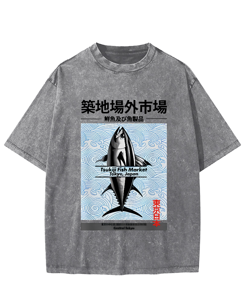 Tokyo Tsukiji Off Market, Japan Vintage Washed T-shirt-Zazasy
