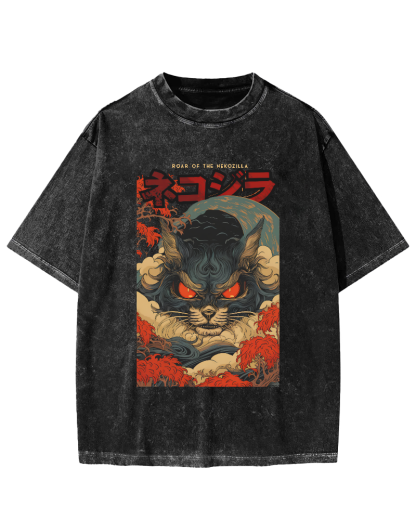 Monster Cat Japanese Style Vintage Washed T-shirt-Zazasy