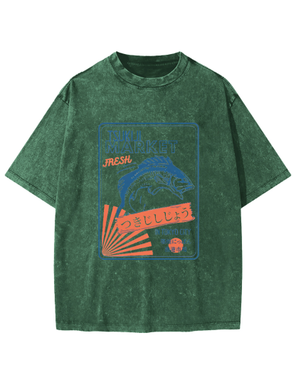 Tsukiji Seafood Market in Japan Vintage Washed T-shirt-Zazasy
