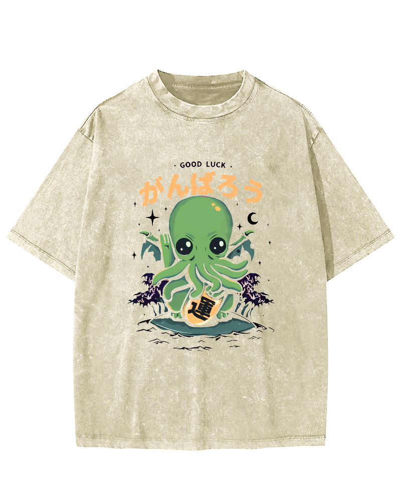 Japanese Lucky Octopus Pattern Vintage Distressed T-shirt-Zazasy