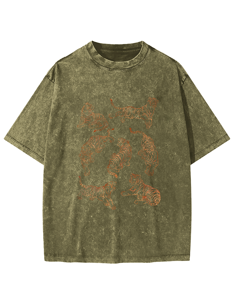 Japanese Tiger Pattern Leisure Vintage Distressed T-shirt-Zazasy
