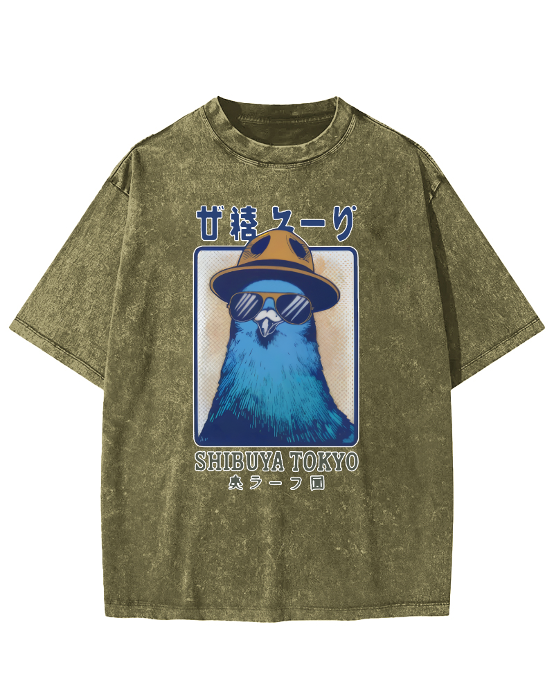 Shibuya Pigeon Retro Vintage Washed T-shirt