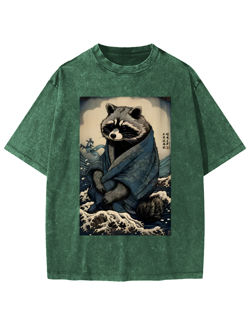 Raccoon in The Waves, Japanese Style Vintage Washed T-shirt-Zazasy
