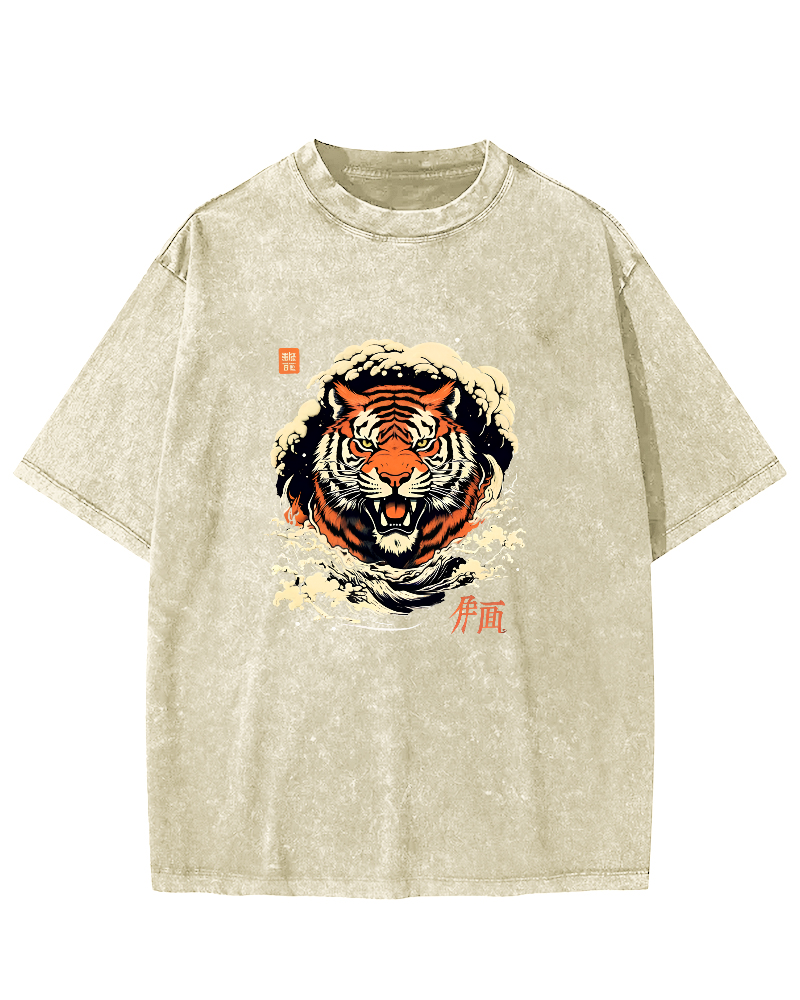Japanese Tiger Head Pattern Vintage Distressed T-shirt-Zazasy