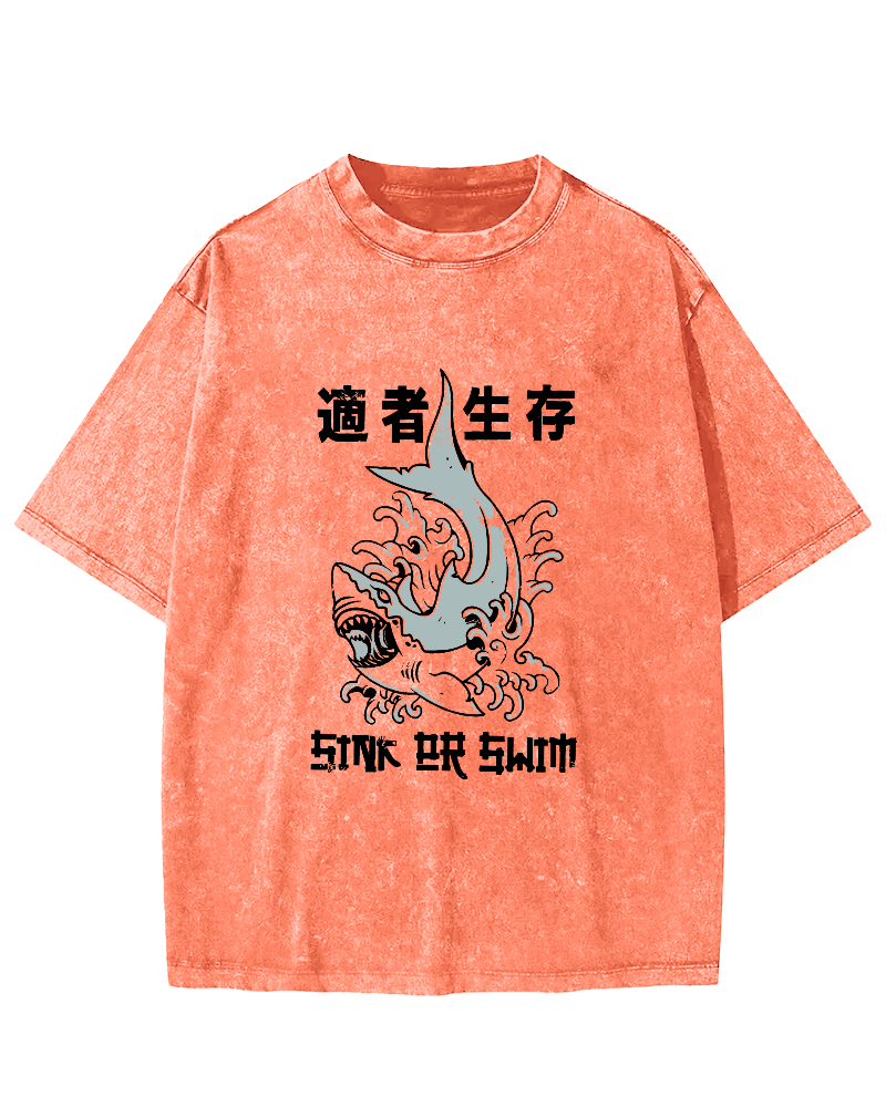 Japanese Script Shark Pattern Vintage Distressed T-shirt-Zazasy