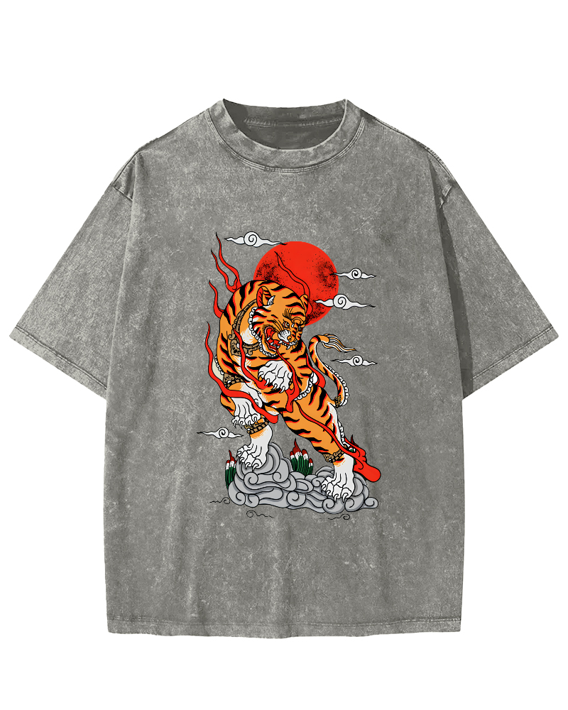 Japanese Sunrise Tiger Pattern Vintage Distressed T-shirt-Zazasy