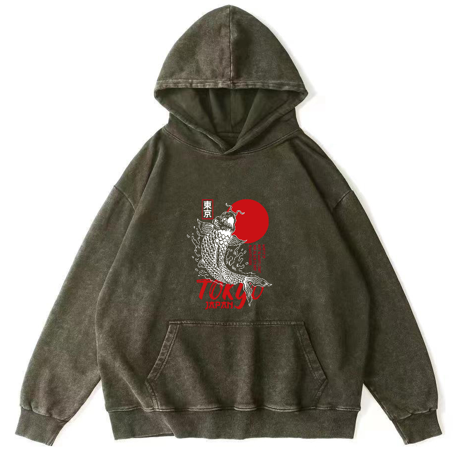 Tokyo Koi Pattern Vintage Distressed Hoodie-Zazasy