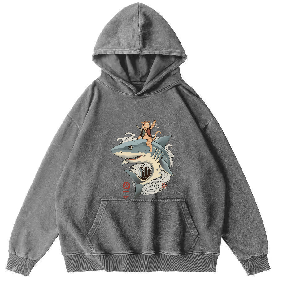 Cat Warrior Riding Shark Japanese Washed Hoodie-Zazasy