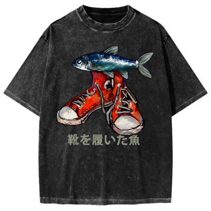 Fish Wearing Shoes Vintage Washed T-shirt