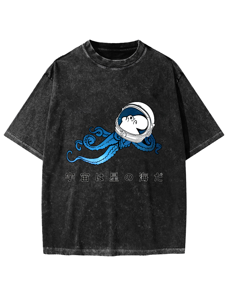 Japanese Style Octopus In Space Vintage Distressed T-shirt-Zazasy