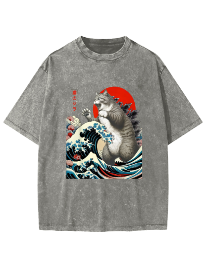 Catzilla Cat Japanese Art Vintage Distressed T-shirt-Zazasy