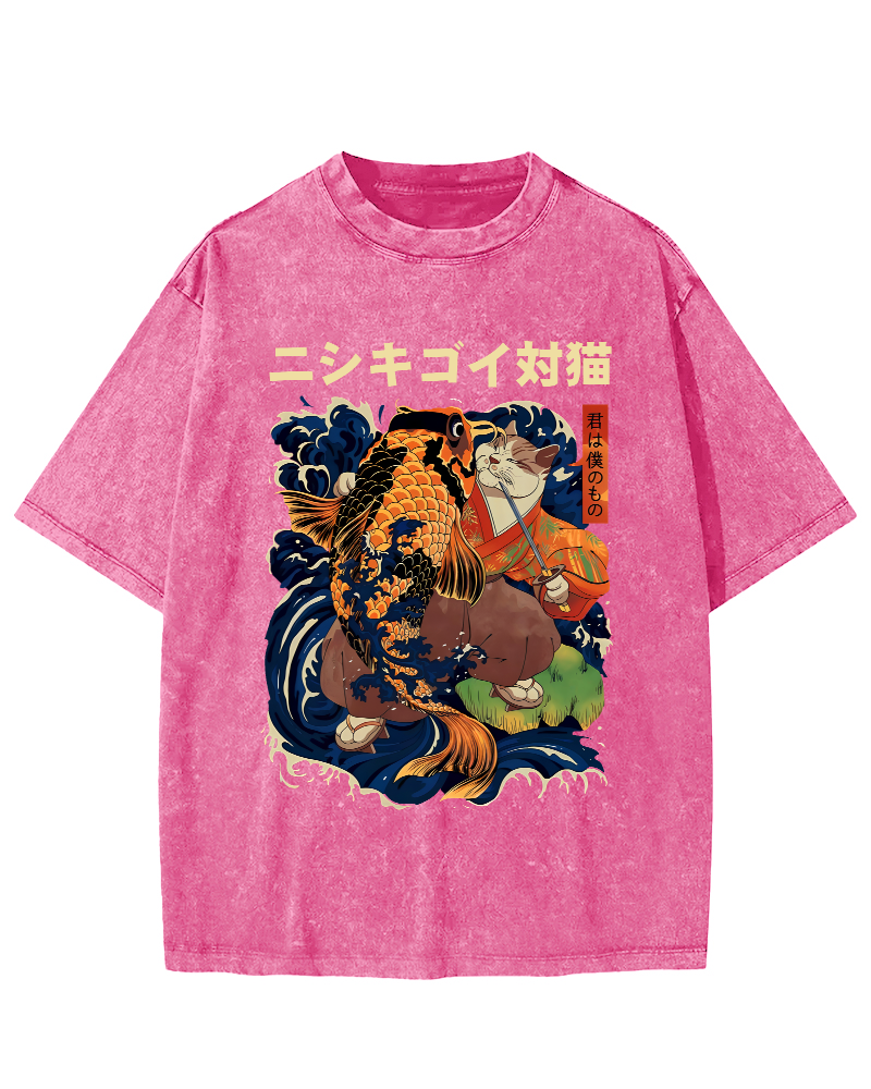 Koi and Cat Japanese Style Vintage Distressed T-shirt-Zazasy
