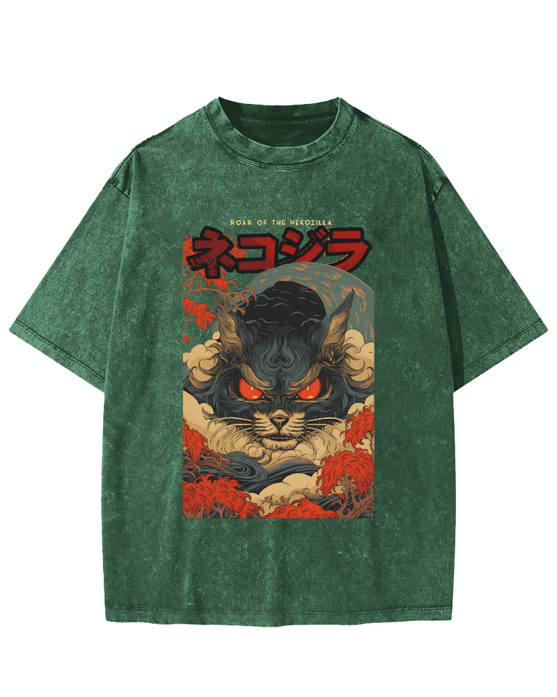 Monster Cat Japanese Style Vintage Washed T-shirt-Zazasy