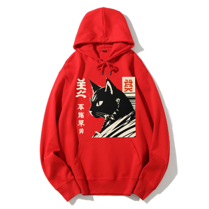 Japanese Black Cat Cotton Hoodie