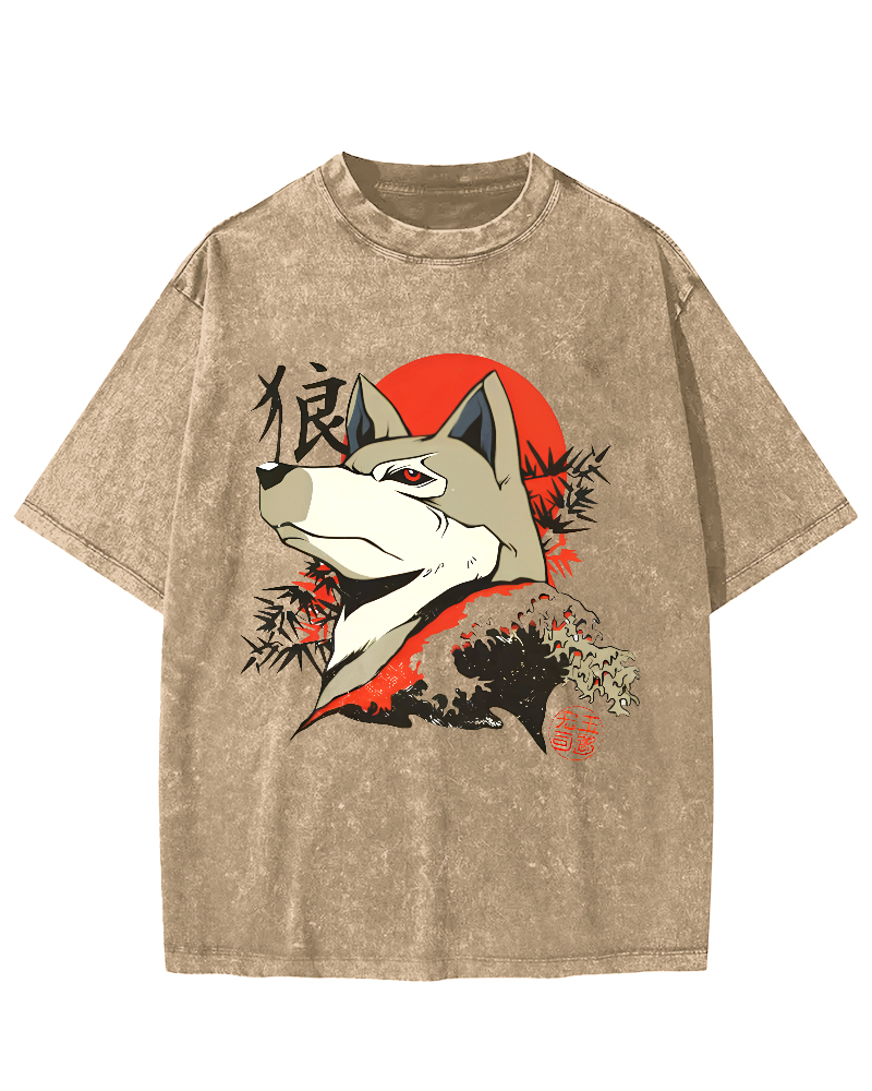 Cartoon Wolf Pattern Japanese Style Vintage Distressed T-shirt-Zazasy