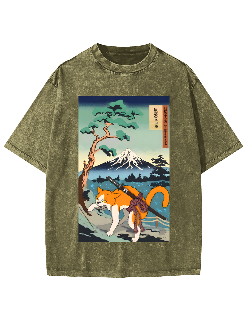 Edo Period Cat Pattern Vintage Washed T-shirt-Zazasy