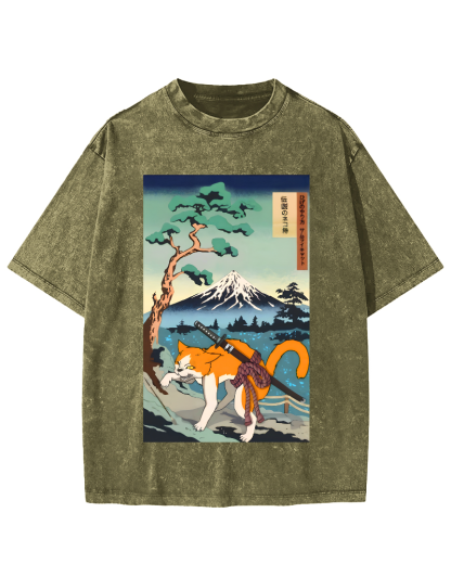 Edo Period Cat Pattern Vintage Washed T-shirt-Zazasy