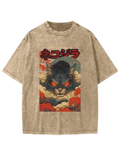 Monster Cat Japanese Style Vintage Washed T-shirt-Zazasy