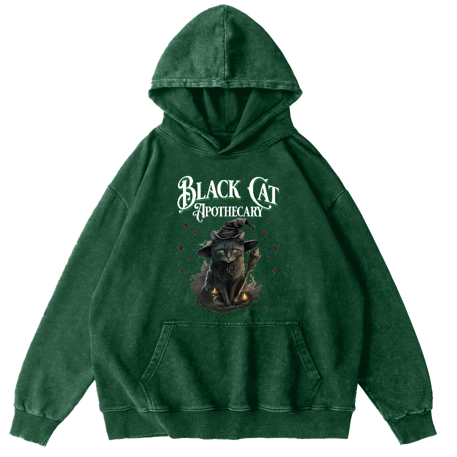 Black Cat Vintage Washed Hoodie-Zazasy