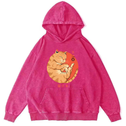 Lazy Japanese Cat Vintage Distressed Hoodie-Zazasy