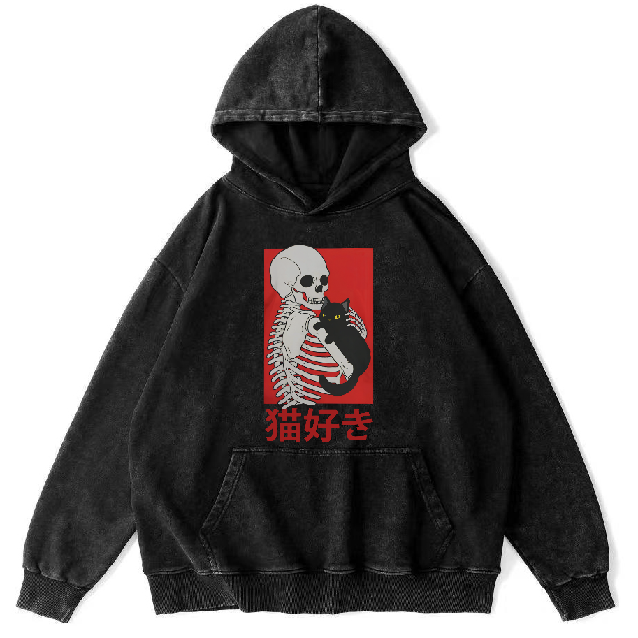 Skeleton and Cat Japanese Style Vintage Washed Hoodie-Zazasy