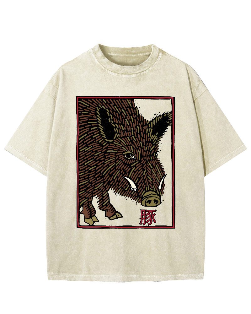 Woodcut Pig Vintage Washed T-shirt