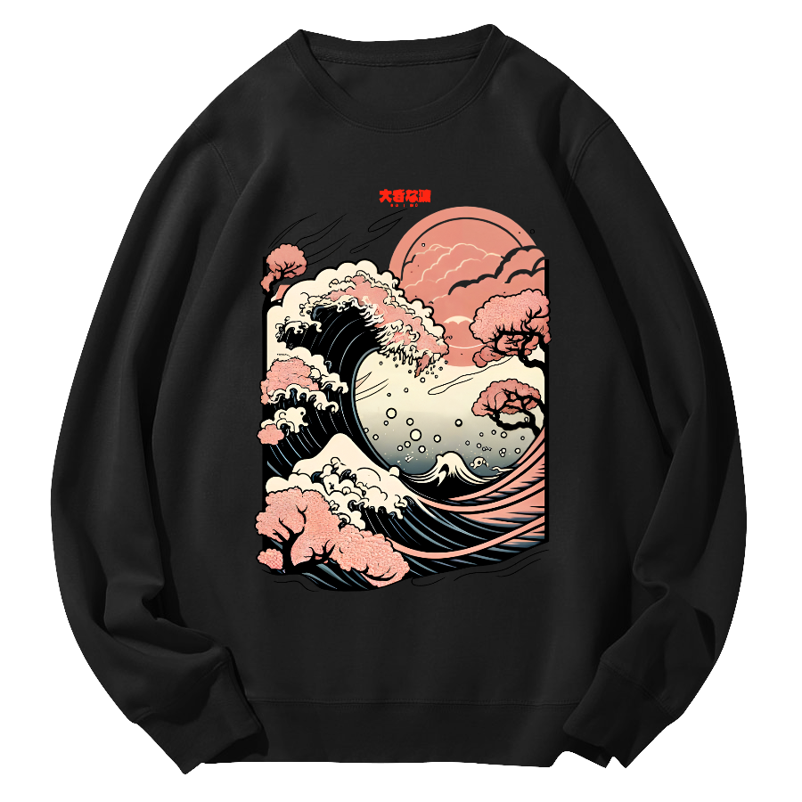 Japanese Giant Waves Round Neck Sweatshirt-Zazasy