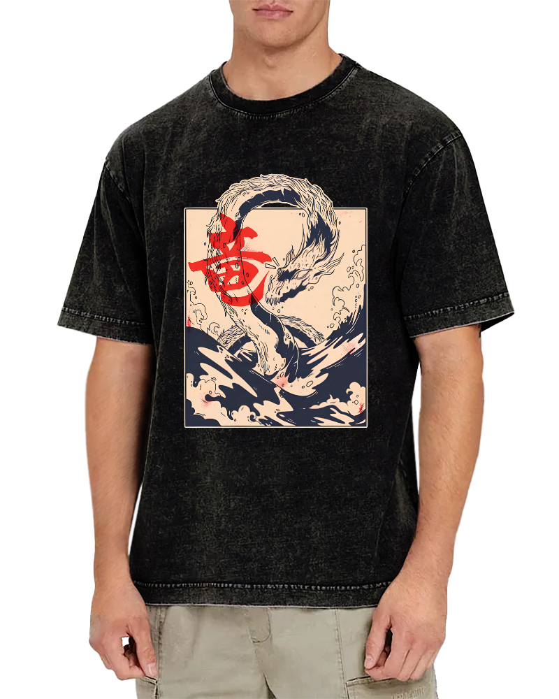 Retro Water God Dragon Pattern Japanese Style Vintage Distressed T-shirt-Zazasy