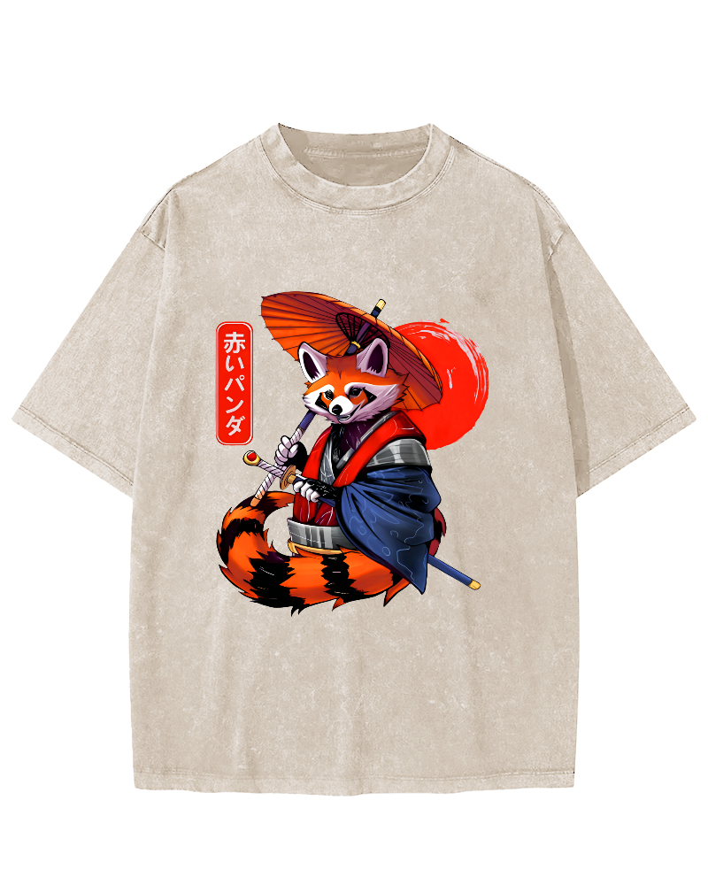 Japanese Red Fox Warrior Vintage Washed T-shirt-Zazasy