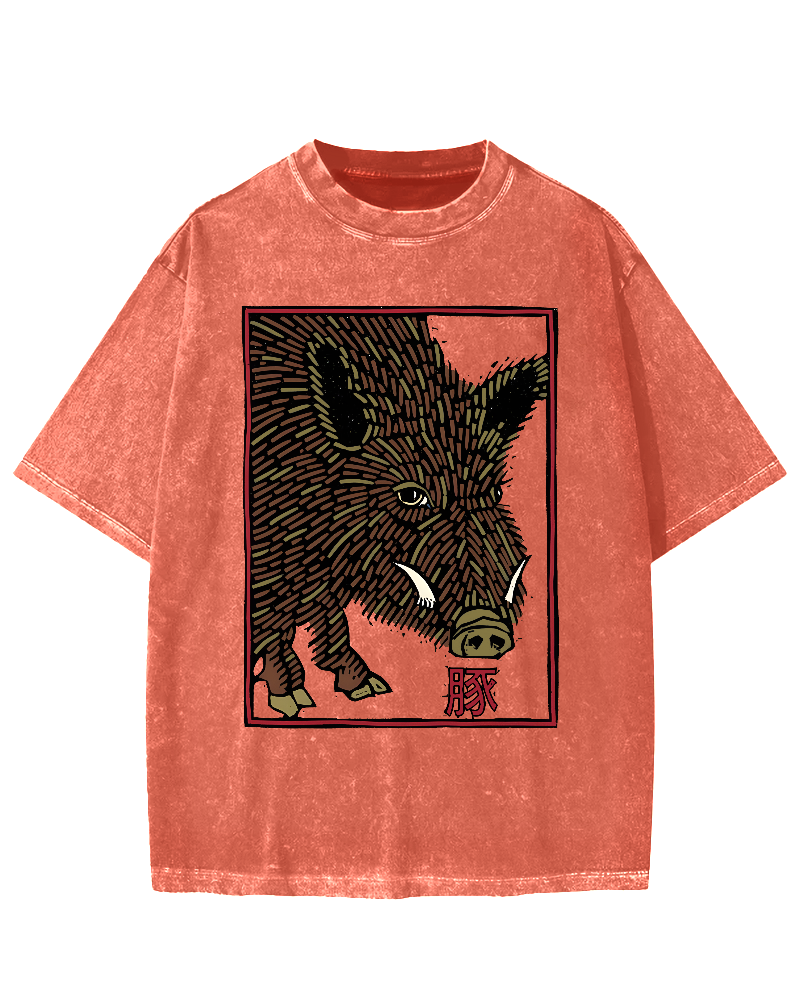 Woodcut Pig Vintage Washed T-shirt
