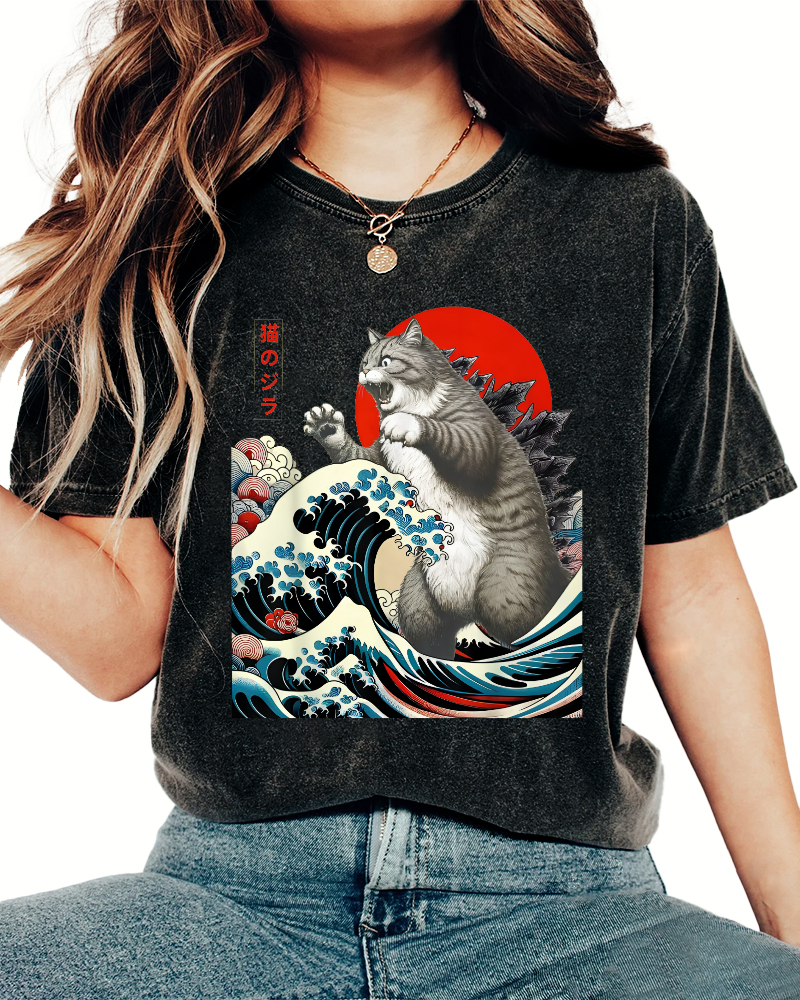 Catzilla Cat Japanese Art Vintage Distressed T-shirt-Zazasy