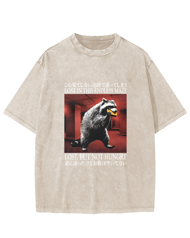 Retro Raccoon Pattern Japanese Style Vintage Distressed T-shirt-Zazasy