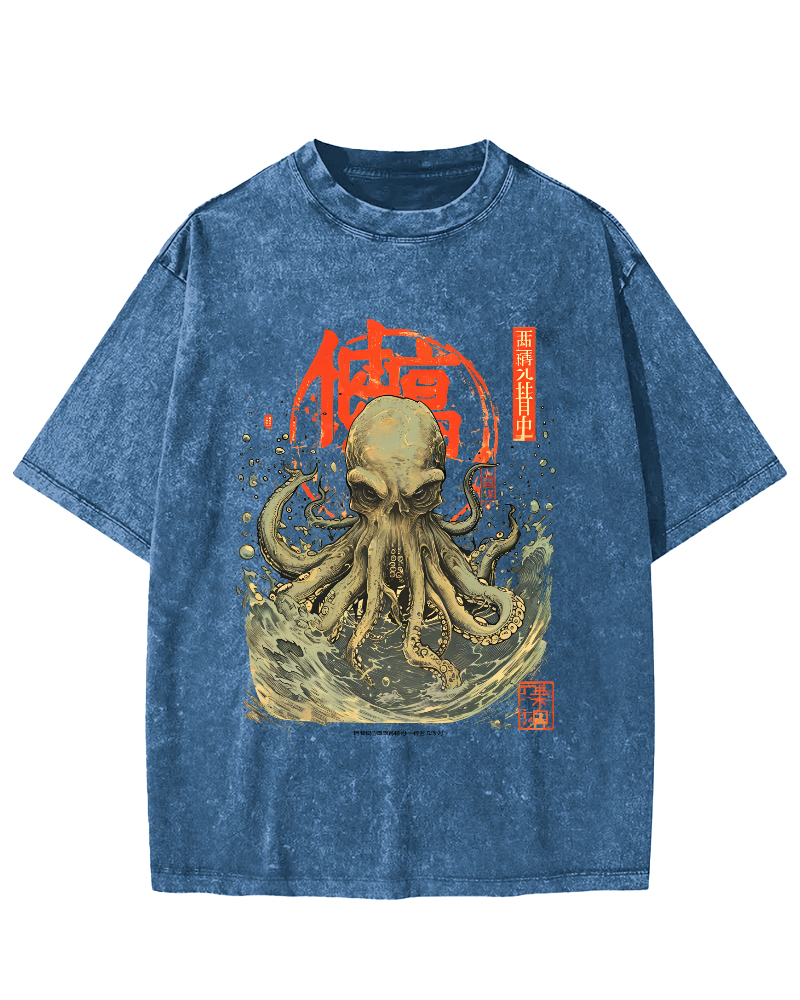 Japanese Style Octopus in the Huge Waves Vintage Washed T-shirt-Zazasy