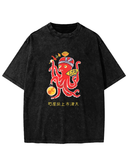 Japanese Octopus Pattern Vintage Distressed T-shirt-Zazasy