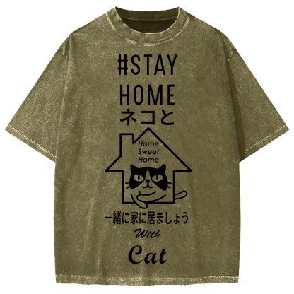 Stay Home With Cat Japanese Vute Cat Vintage Washed T-shirt