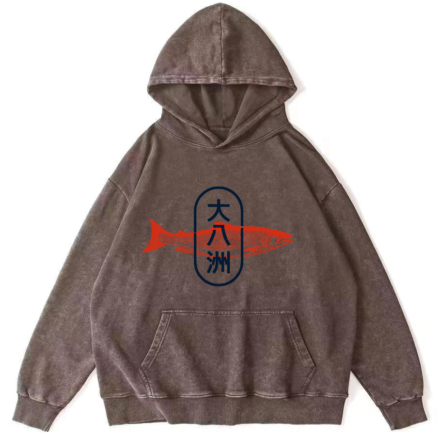 Da Ba Zhou Salmon Japanese Style Vintage Washed Hoodie-Zazasy
