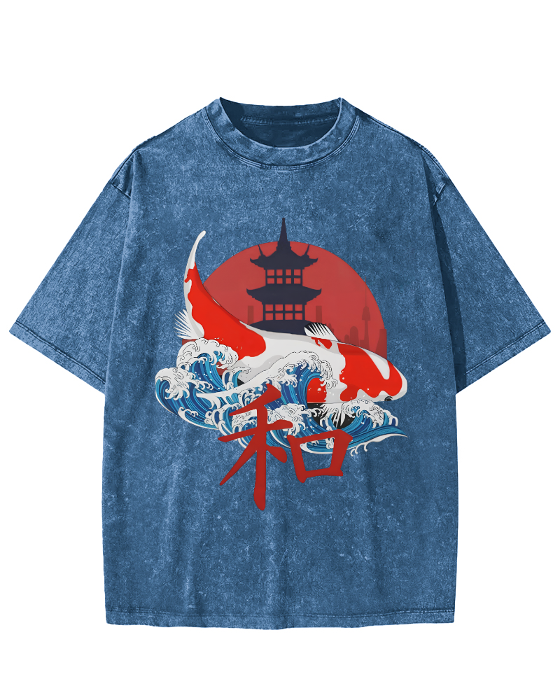Japanese Style Koi Fish Vintage Distressed T-shirt-Zazasy