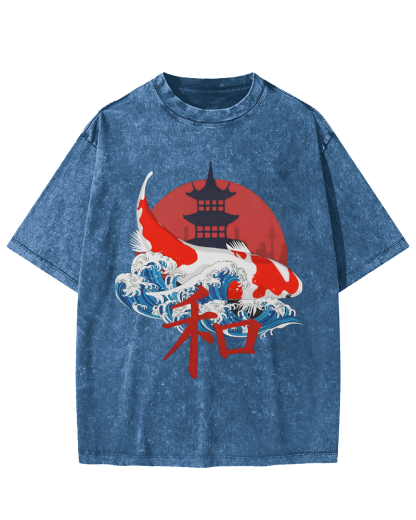 Japanese Style Koi Fish Vintage Distressed T-shirt-Zazasy