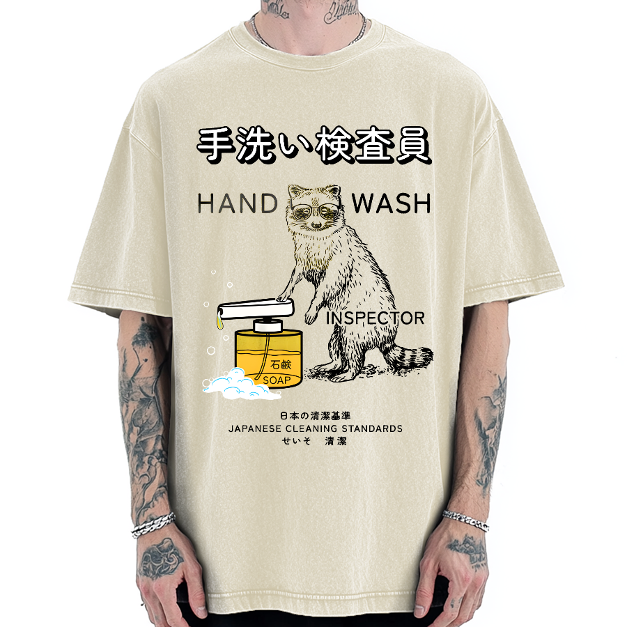 Japanese Raccoon Funny Harajuku Hand Wash Inspector Vintage Washed T-shirt