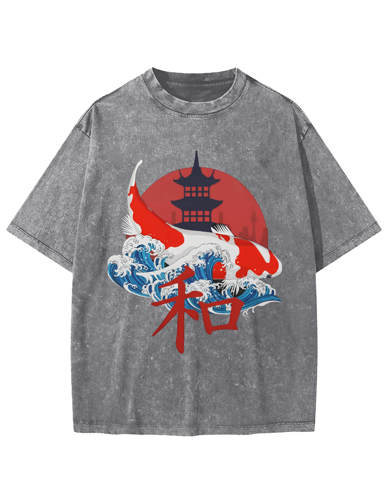 Japanese Style Koi Fish Vintage Distressed T-shirt-Zazasy