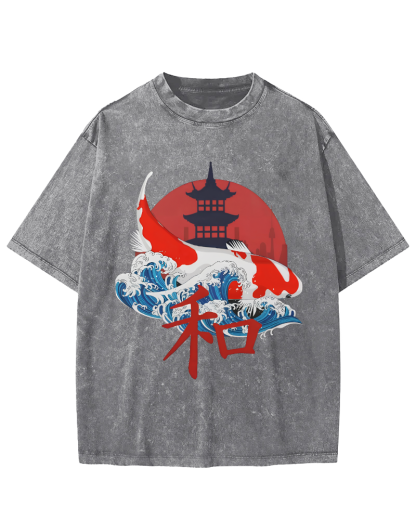 Japanese Style Koi Fish Vintage Distressed T-shirt-Zazasy