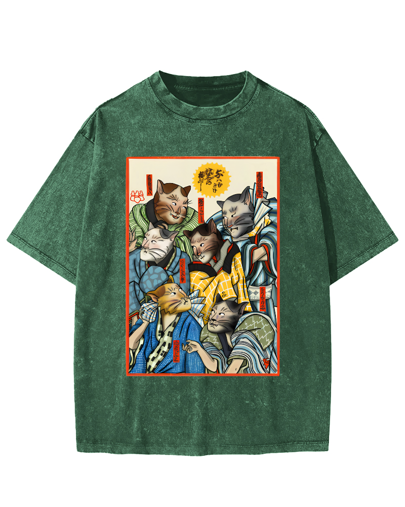 Japanese Samurai Cat Vintage Washed T-shirt-Zazasy
