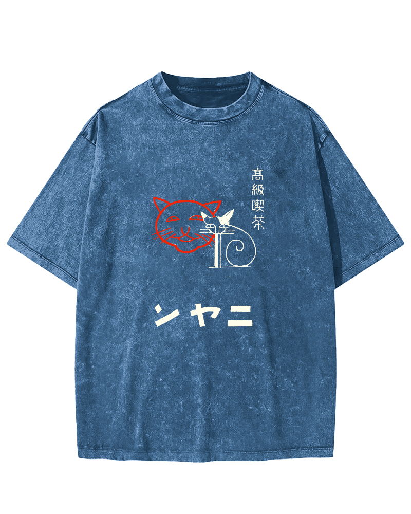 Japanese Character Cat Pattern Vintage Distressed T-shirt-Zazasy