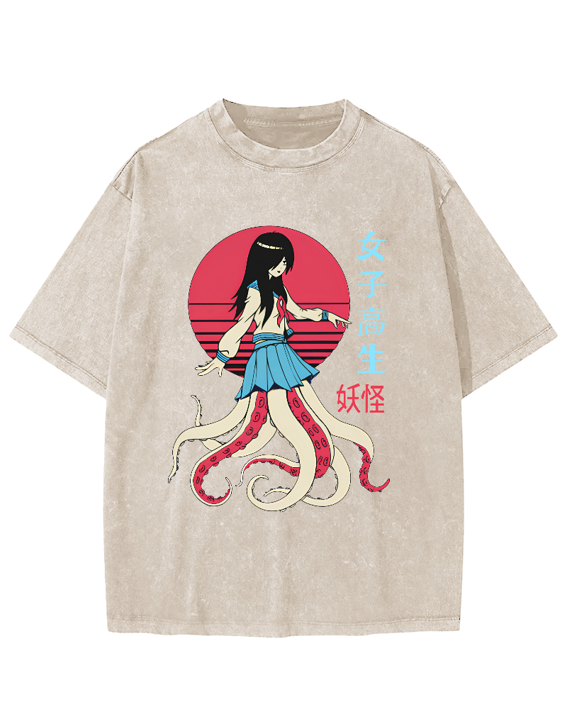 Abstract Octopus Character Japanese Style Vintage Distressed T-shirt-Zazasy