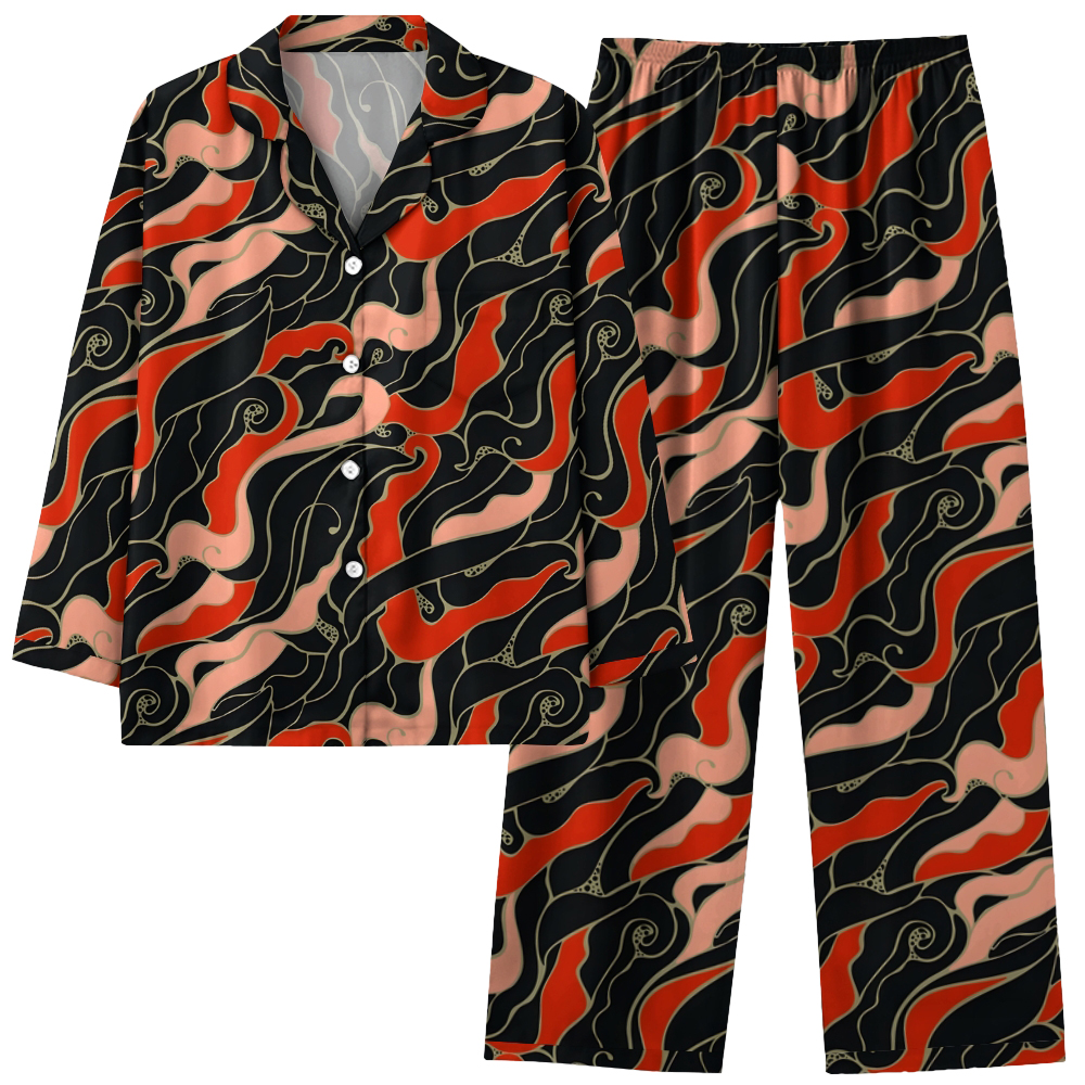 Japanese retro geometric color blocked long sleeved shirt and pajama set