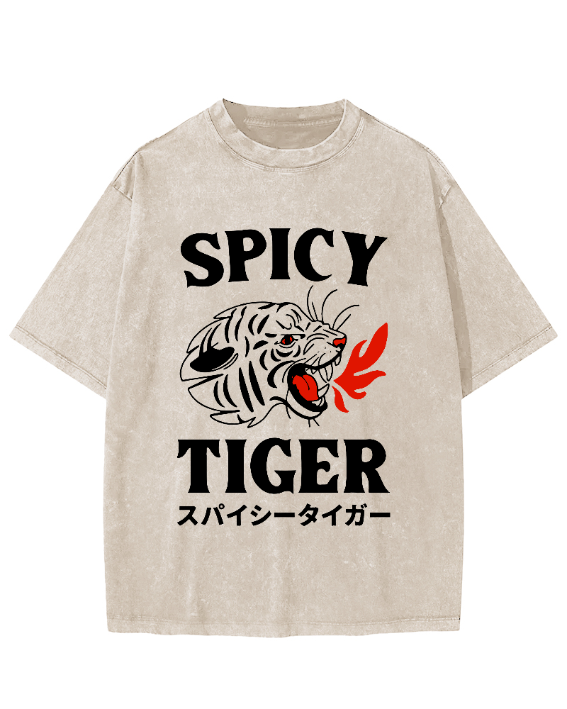 Eating Too Spicy Tiger Japanese Style Food Vintage Washed T-shirt-Zazasy