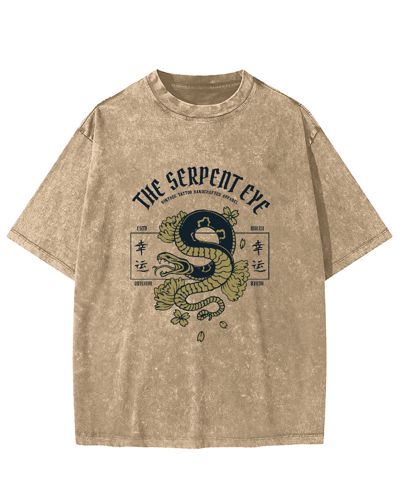 Japanese Lucky Snake Pattern Vintage Distressed T-shirt-Zazasy